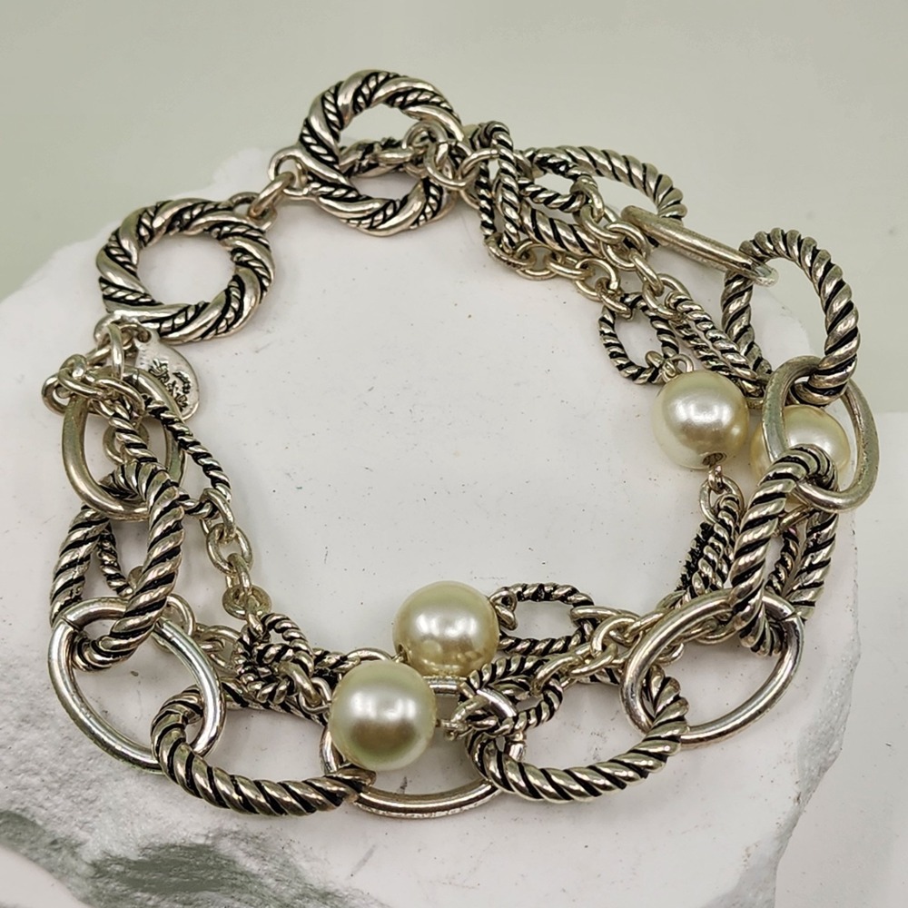 Premier Design Silver Tone Faux Pearl Layered Chain Bracelet Twisted Link Toggle